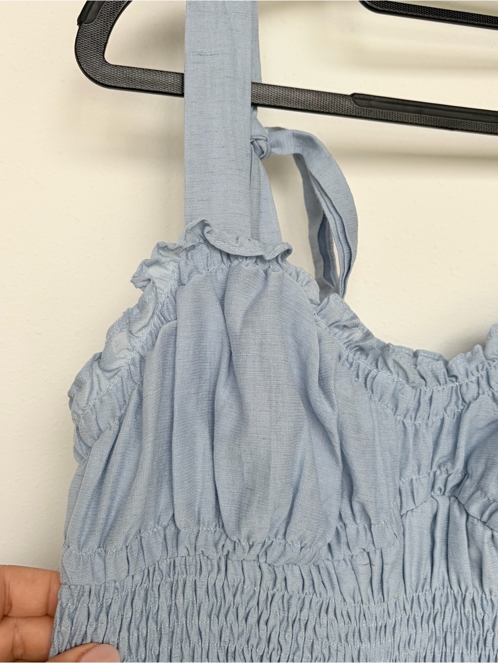 Moon River Anthropologie Shirred Midi Dress Blue Ribbon Tie Straps Ruffle Large - Picture 9 of 13